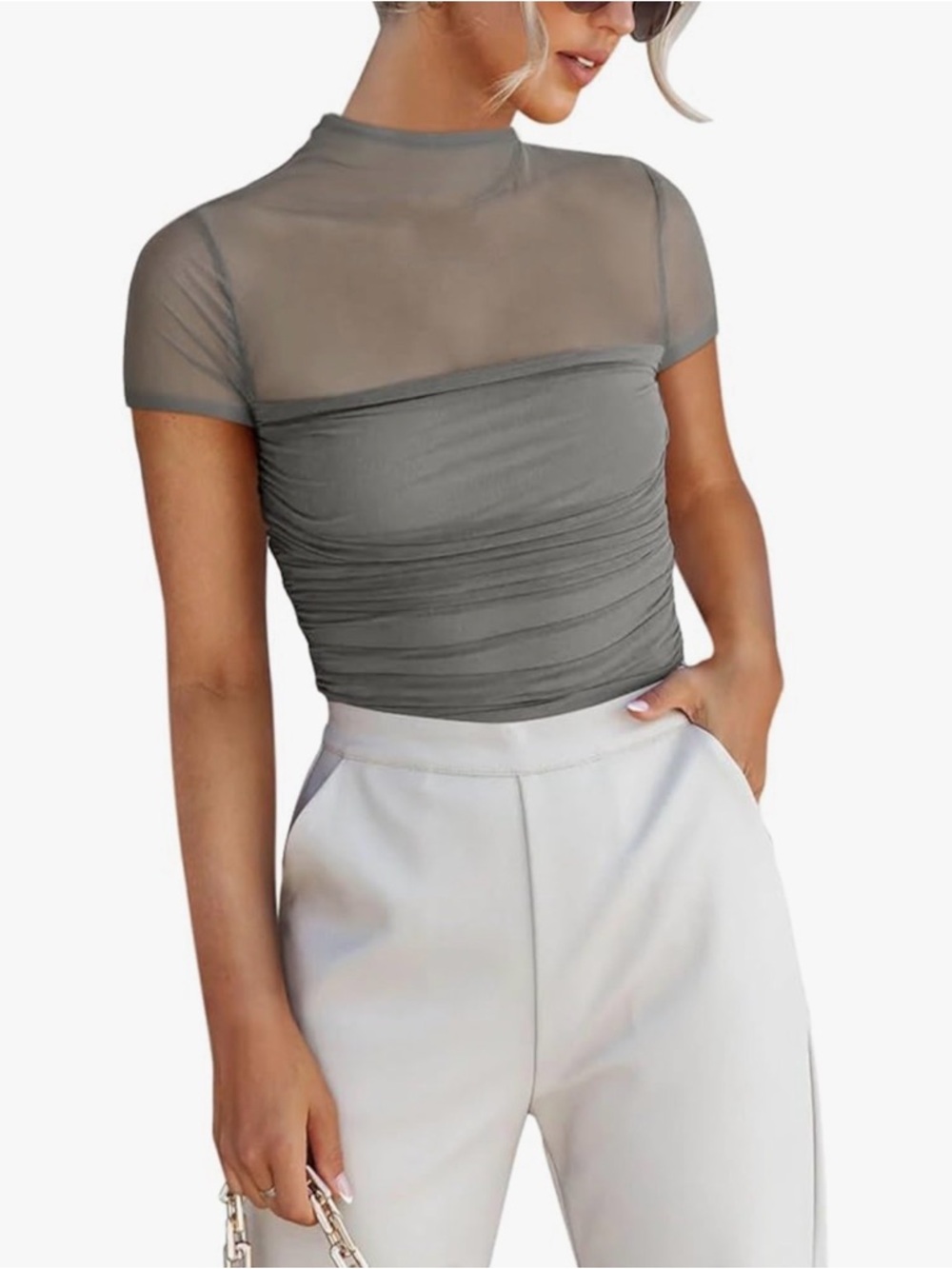 ReoRia Gray Sheer Mesh Ruched Crop Top